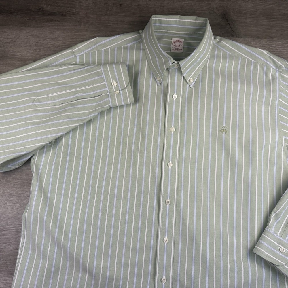 Brooks Brothers Men's Shirt Size XL Oxford Cloth Green Striped Embroidery Supima